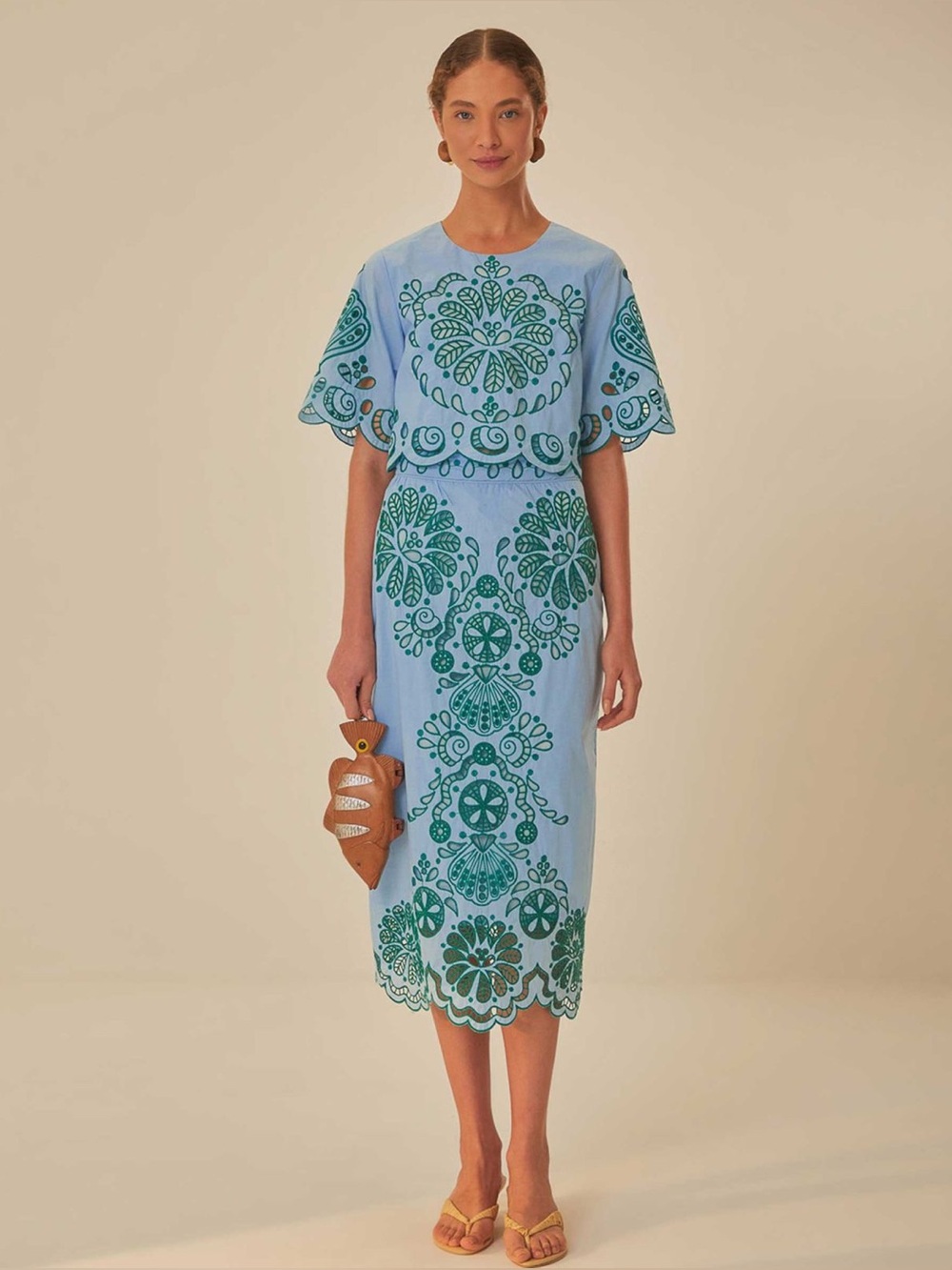 FARM Rio 2-Piece Embroidered Richelieu Crop Top and Midi Skirt Set Blue Green